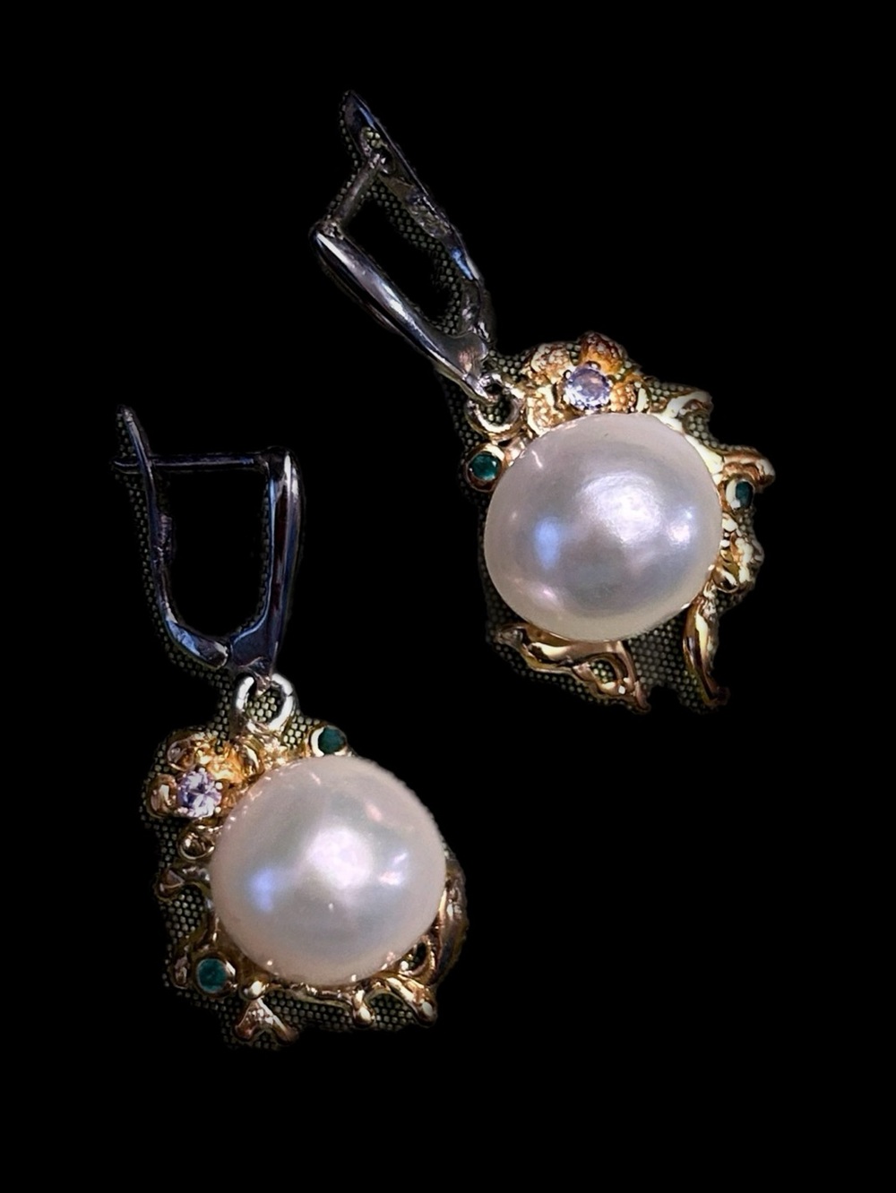 Genuine Pearl Earrings with Emerald & Tanzanite